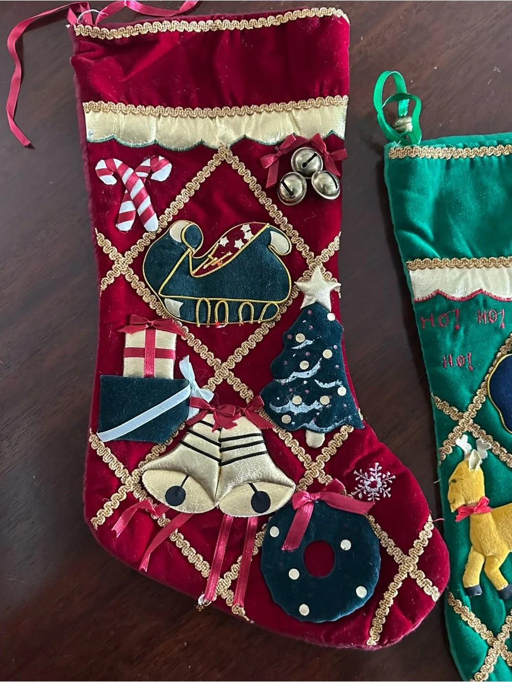 World Bazaar Velvet Christmas Stocking Gold Braid 3D Applique Kitsch Pair  READ
